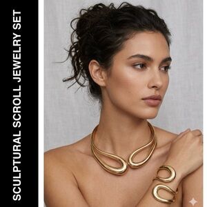 Vintage Sculptural Gold Tone Collar Necklace Matching Cuff Bracelet Set